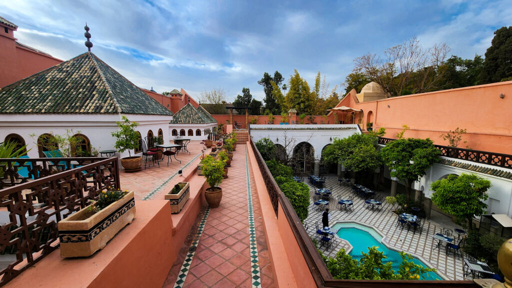 The rooftop walkway of a riad in Marrakech, Morocco.