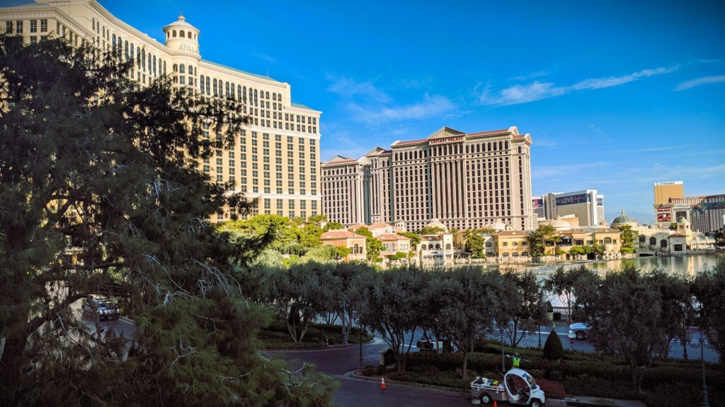 The facades of the Bellagio and Ceasar's Palace casinos in Las Vegas, Nevada