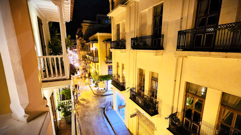 The view of one of the streets of the old town of Cartagena, Colombia.